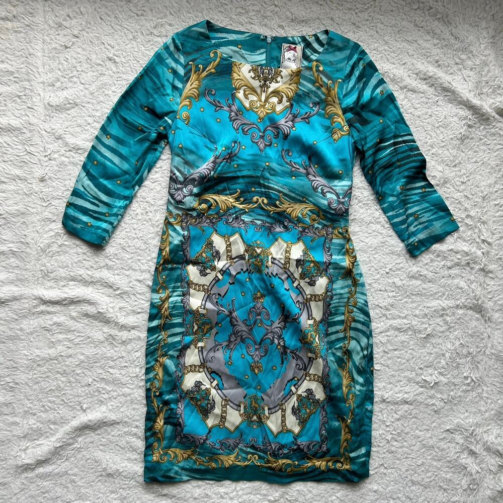 Yoana Baraschi Teal Y2K Scarf Print Mini Dress Size 4